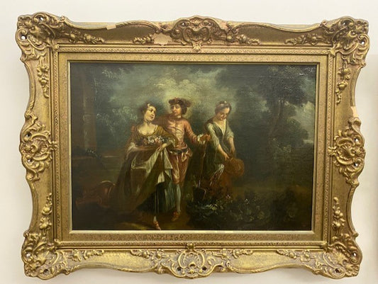 18TH C FETES GALANTE SCENE LOVERS IN THE GARDEN att. JEAN-ANTOINE WATTEAU