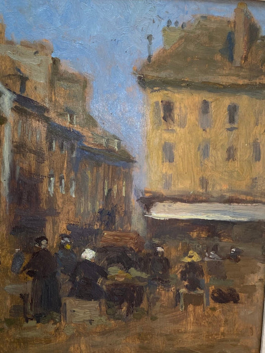 AFTERNOON AT CHERBOURG MARKET FIGURES IN A SQUARE, CANADIAN PAINTING.