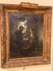 19TH CENTURY DUTCH MOTHER TEACHING DAUGHTER KNITTING