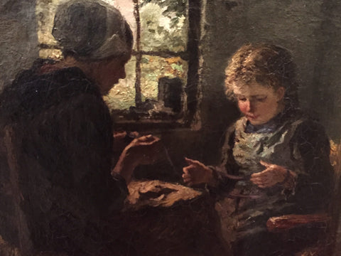 19TH CENTURY DUTCH MOTHER TEACHING DAUGHTER KNITTING