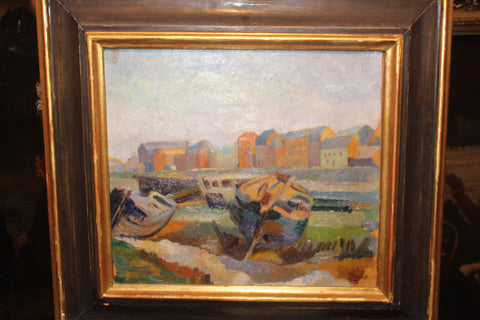 EARLY 20TH C. FAUVIST PAINTING. SCENE OF BRITTANY WITH WOODEN BOATS ASHORE.