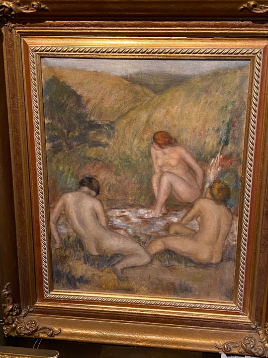 19TH C FRENCH NUDE WOMEN BATHERS. Manner of Renoir similar Palette. DRAWINGS ON VERSO