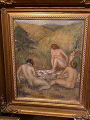 19TH C FRENCH NUDE WOMEN BATHERS. MYSTERY PAINTING. DRAWINGS ON VERSO