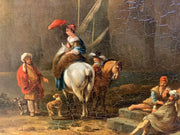 17TH CENTURY DUTCH WOMAN ON WHITE HORSE WITH FIGURES BY RIVER, NICHOLAS BERCHEM.