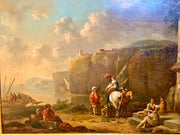 17TH CENTURY DUTCH WOMAN ON WHITE HORSE WITH FIGURES BY RIVER, NICHOLAS BERCHEM.