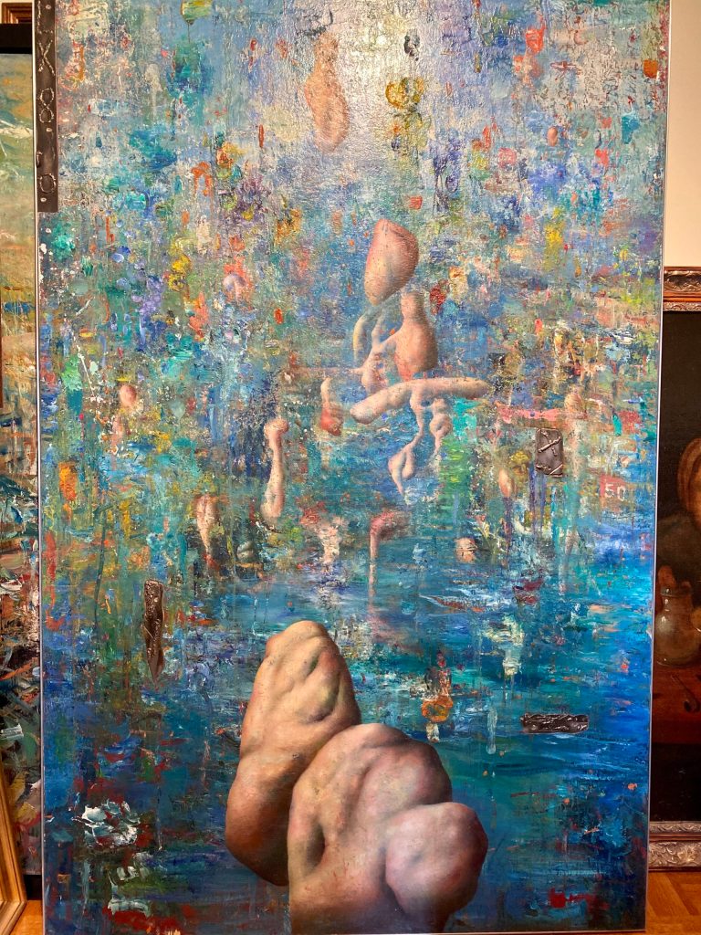 A section of a large, abstract painting featuring a bizarre and colorful underwater scene with human-like figures and various invertebrates.