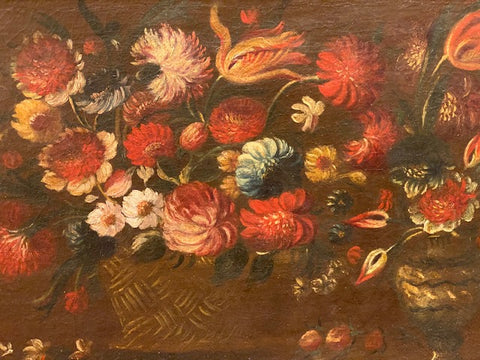 SCHOOL OF BRUEGHEL THE ELDER. STILL-LIFE WITH BASKET AND VASE OF FLOWERS