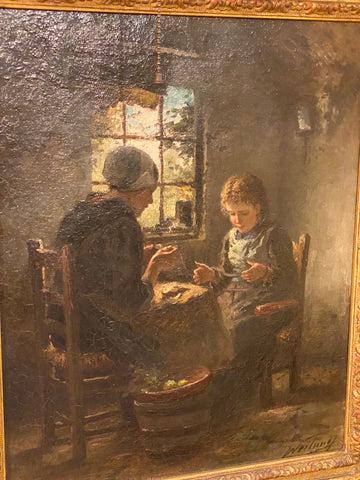 19TH CENTURY DUTCH MOTHER TEACHING DAUGHTER KNITTING