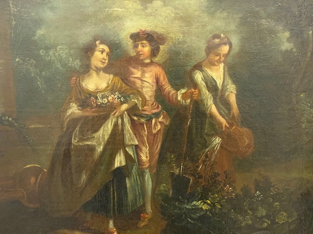 18TH C FETES GALANTE SCENE LOVERS IN THE GARDEN att. JEAN-ANTOINE WATTEAU