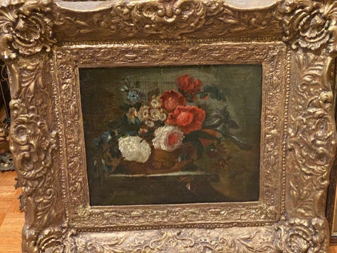 18TH CENTURY FRENCH STILL-LIFE OF PEONIES IN A VASE ON A BASE. STUDIO MONOYE.