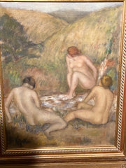 19TH C FRENCH NUDE WOMEN BATHERS. MYSTERY PAINTING. DRAWINGS ON VERSO