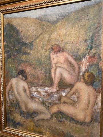 19TH C FRENCH NUDE WOMEN BATHERS. MYSTERY PAINTING. DRAWINGS ON VERSO