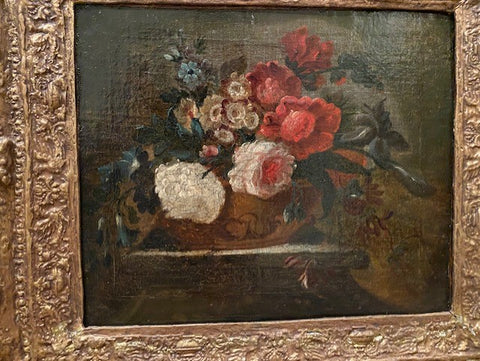 18TH CENTURY FRENCH STILL-LIFE OF PEONIES IN A VASE ON A BASE. STUDIO MONOYE.