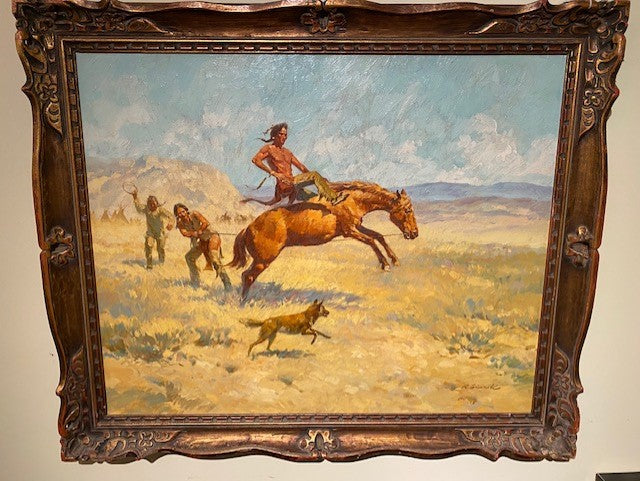 A painting titled 'The Taming of the Stallion' by American artist Roy Grinnell, depicting a scene with a cowboy and a horse.