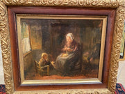 19TH CENTURY DUTCH INTERIOR SCENE WITH MOTHER KNITTING WITH CHILD.