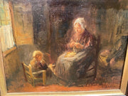 19TH CENTURY DUTCH INTERIOR SCENE WITH MOTHER KNITTING WITH CHILD.