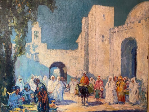 ORIENTALIST PAINTING, ARAB MARKET SCENE. AMERICAN PAINTER DONALD WITHERSTINE.